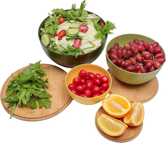 ECOWAY Salad Bowl Set of 3 with Bamboo Lids, Mixing Bowl Set, Nesting Bowls for Space Saving Storage, Made with Durable Eco-Friendly Bamboo Fiber, Great for Prepping and Serving Food (3 Colors)