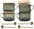Vintage Coffee Mugs Set of 4 Green, 14 Oz Overnight Oats Containers with Bamboo Lids and Spoons, Glass Breakfast Tea Cups, Cute Coffee Bar Accessories Christmas Gifts