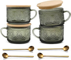 Vintage Coffee Mugs Set of 4 Green, 14 Oz Overnight Oats Containers with Bamboo Lids and Spoons, Glass Breakfast Tea Cups, Cute Coffee Bar Accessories Christmas Gifts
