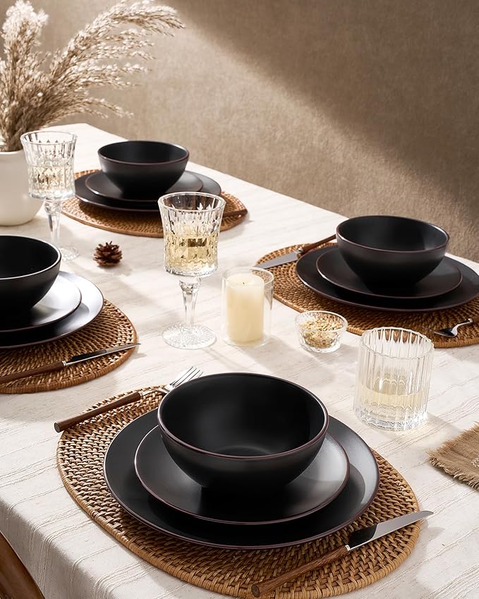Famiware Venus Stoneware Dinnerware Sets with Trim, 24-Piece Modern Dishes Set for 6, Matte Black - Includes Pasta Bowls & Dinner Plates for Everyday Meals & Formal Dining, Microwave & Dishwasher Safe