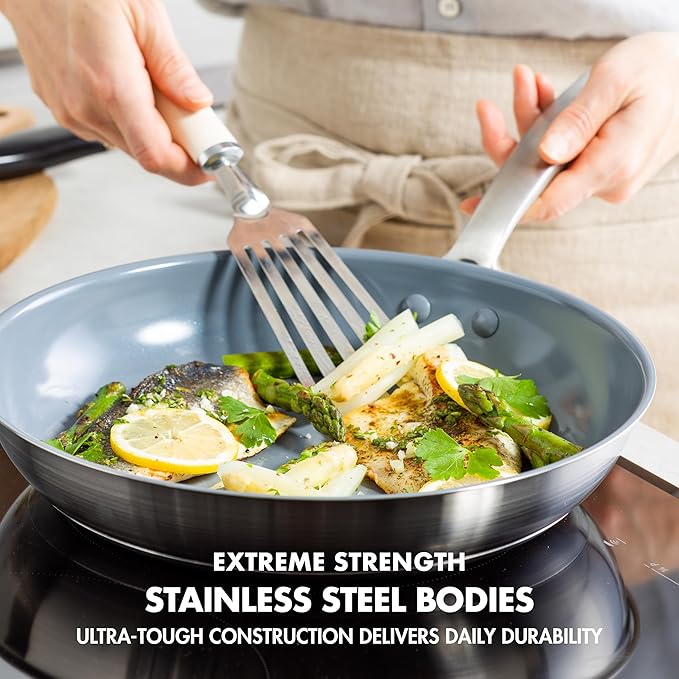 GreenPan Treviso 9.5” and 11” Frying Pan skillet Set, Non-Toxic PFAS-Free Stainless Steel Ceramic Nonstick Coating, Induction Suitable, Multi Clad, Pouring Rims, Dishwasher & Oven Safe to 600°