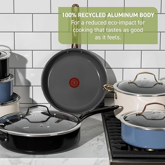 T-fal Preserve Ceramic, Non stick Cookware Set 13-Piece, Oven & Broiler Safe up to 350°F, Includes Stockpot, Saucepans, Frying Pans, Protectors, Pots and Pans, Rose Gold