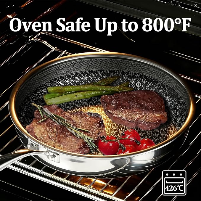 Hybrid Non Stick Frying Pans 2 Piece set, Stainless Steel Frying Pans with Tempered Glass Lid, 8" 10" 5 Ply Induction Cookware, Dishwasher-Friendly, Oven-Safe Up to 800°F, Compatible with All Cooktops