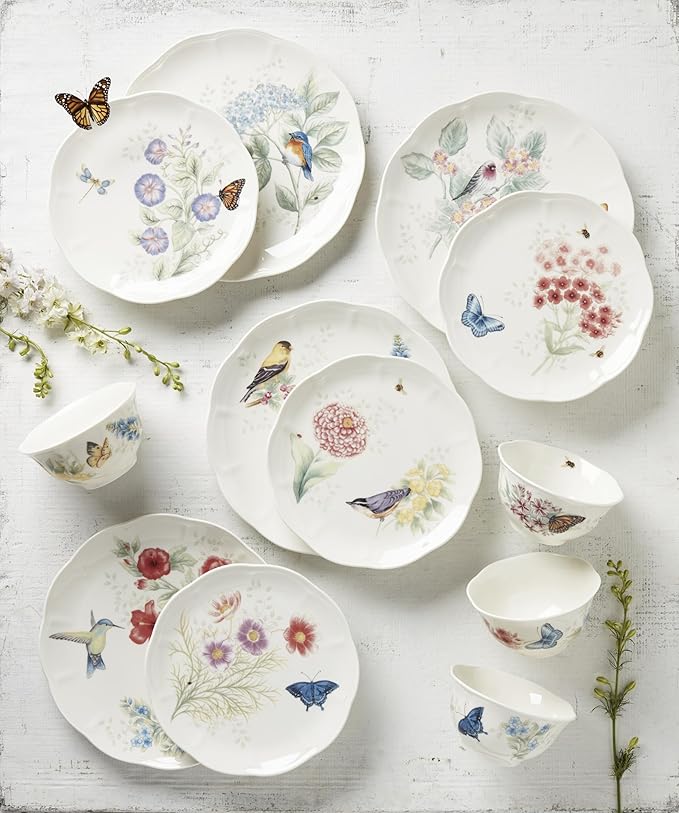 Lenox Dinnerware Set, Butterfly Meadow Flutter 12-Piece Set, Service For 4, Elegant White Porcelain, Dishwasher Safe, Chip Resistant, Plates And Bowls Sets, Home and Kitchen (Assorted, 12 Pieces)