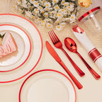 BESTSTAR 175PCS Clear and Red Disposable Plates Set for 25 Guests, 50 Plastic Plates, 25 Cups, 25 Pre-Rolled Napkins with Plastic Cutlery for Party, Birthday, Thanksgiving, Halloween, Christmas