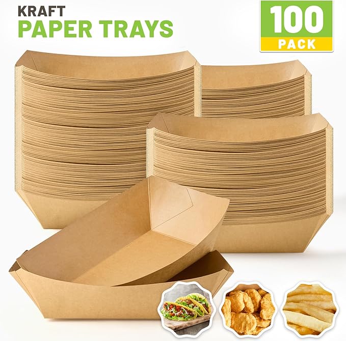 ZORRITA 5 LB Extra Large Paper Food Trays, 100 Pack Disposable Nacho Trays Kraft Paper Food Boats Party Serving Baskets for Sandwiches Burgers Popcorns Snacks