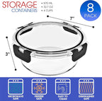 Sorbus 16pc Glass Meal Prep Containers Set – 8 Round 32oz Containers with Airtight Lids – Freezer, Dishwasher, Oven Safe – Reusable Food Storage Bowls, 4 Cup Capacity for Meal Prep and Storage
