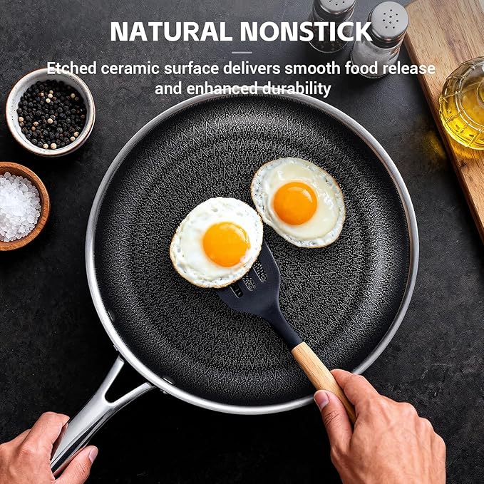Ammeloo Hybrid Tri-Ply Stainless Steel Frying Pan Set, 8"/9.5"/11" Cooking Pans, Non Stick Frying Pans and Skillets, Chef Pan, Non Toxic, Dishwasher Safe, Induction Compatible, Black Interior
