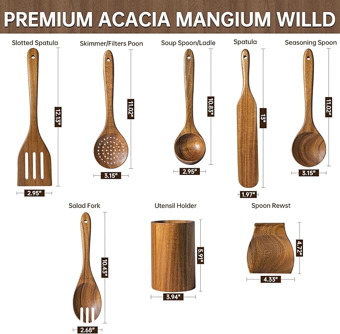 8 PCS Wooden Utensil Set with Holder, Spoon Rest, Durable Wooden Spoons for Cooking, Heat-Resistant, Comfort Grip,Easy to Clean, Non-stick Friendly, Ideal for Gifting