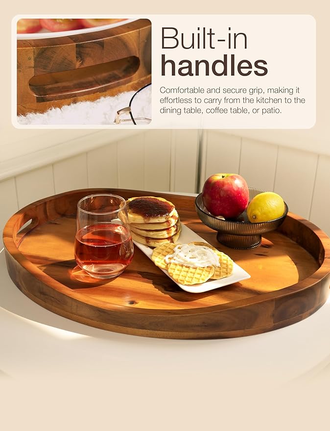 TIDITA Acacia Oval Wooden Serving Tray with Handless - 16.5" x 13" Ottoman Table Oval Wooden Tray - Round Serving Tray - Ottoman Tray for Living Room, Coffee Table Decor, Serving Platter (Acacia)