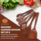 6-Piece Teak Wooden Cooking Utensils Set – Heat-Resistant Spoons & Spatulas | Natural Wood, Non-Stick Safe Kitchen Tools
