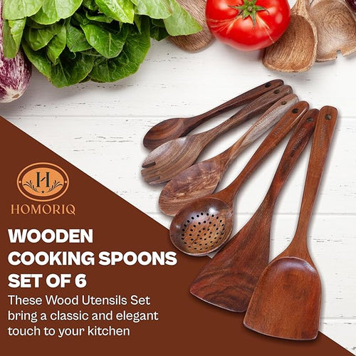 6-Piece Teak Wooden Cooking Utensils Set – Heat-Resistant Spoons & Spatulas | Natural Wood, Non-Stick Safe Kitchen Tools