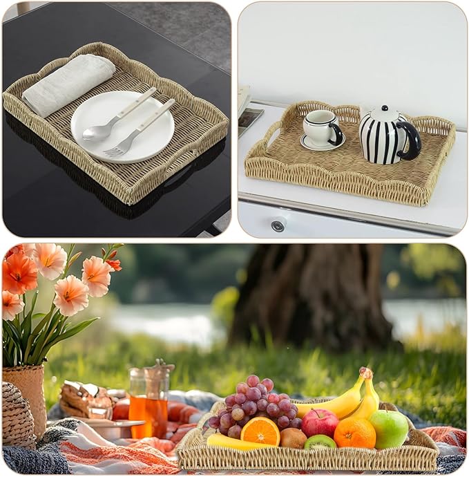 Serving Tray with Scalloped Edge, Rectangular Wicker Tray with Handles, Ideal for Breakfast or Meals in Bed and on Sofa, Decorative Coffee Table Tray to Enhance Dining (Beige)