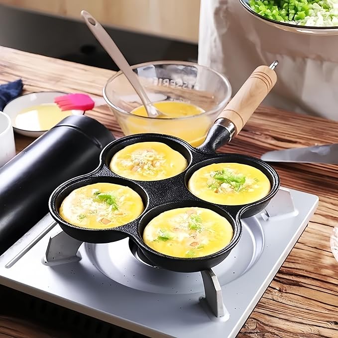 Cast Iron 4-Cup Egg Pan, Small Omelette Pan with Turner & Oil Brush, Breakfast Pan for Eggs Pancakes Sandwiches Burgers, Suitable for Gas Stove & Induction, Naturally Nonstick with Seasoning, 6.6inch
