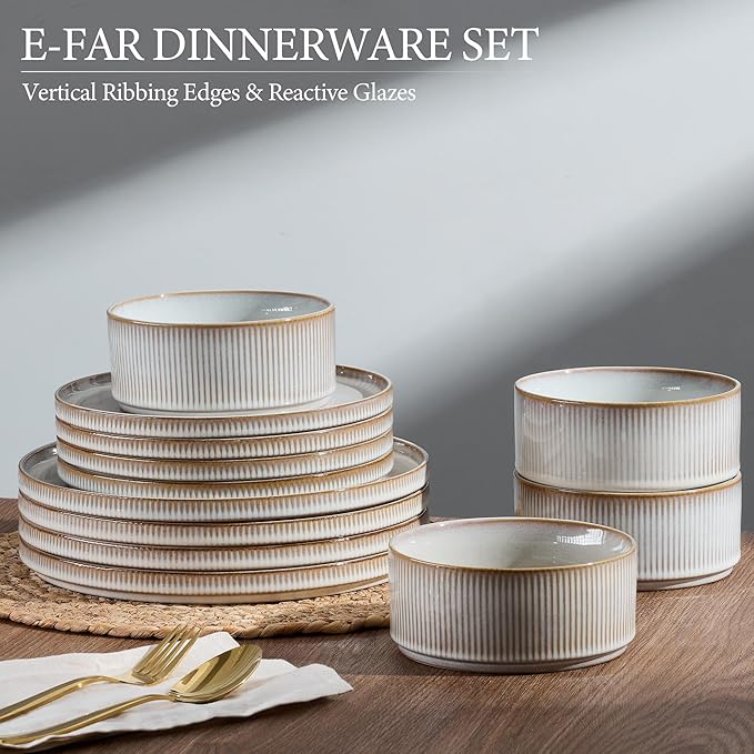 E-far Stoneware Dinnerware Sets for 2, 6-Piece Plates and Bowls Sets, Chip & Scratch Resistant Ribbed Dish Set for Home Restaurant, Microwave & Dishwasher Safe, Creamy Beige