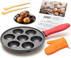 KUHA Cast Iron Aebleskiver Pan | Pre-Seasoned Pan for Authentic Danish Pancake Making, Poffertjes, Takoyaki, Appam & Paniyaram | Silicone Handle, Oven Mitt & Bamboo Skewers Included | 7.9" Diameter