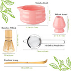 Matcha Whisk Set- Matcha Set includes Matcha Whisk and Bowl with Spout, Sifter, Holder and Scoop- The Perfect Bamboo Whisk for Matcha Tea (Pink)