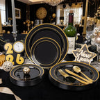 WDF Partyware 175PCS Black and Gold Plates - Black Disposable Plates for Party - 25Guests Disposable Dinnerware Set for Graduation Wedding Party Birthday