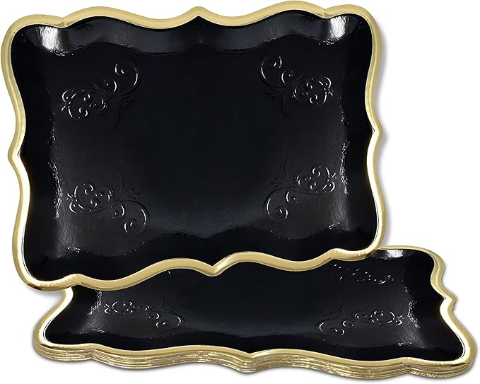 Gift Boutique 10 Black Rectangle Trays with Gold Rim Border for Dessert Display Table Parties 9" X 13" Disposable Paper Cardboard for Platters Cupcake Displays Birthday Party Weddings Food Safe