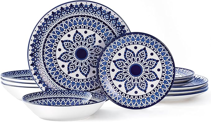 Bestone 12 Piece Round Kitchen Dinnerware Sets,Plates and Bowls sets,Dishes, Plates, Bowls, Dish Set，Plates and Bowls,Service for 4, Chip Resistant Porcelain ， Blue