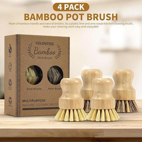 4 Pack Bamboo Dish Brush Set, Natural Palm Dish Scrubber for Pots and Vegetables, Sisal Bristle Bamboo Scrub Brush for Cleaning Dishes and Pans