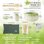 8 PCS Matcha Whisk Set, Green Matcha Kit Set WithCherry Blossom Embossed Pattern Includes Bowl with Spout, Bamboo Whisk, Ceramic Holder, Bamboo Scoop x2, Scoop Rest, Stainless Sifter and Tea Towel