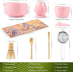 HELPLX Matcha Whisk Set, 10-Piece Japanese Matcha Kit with Bowl, Whisk & Holder, 2 Tea Cups, Bamboo Scoop, Spoon, Sifter, Scoop Rest & Tea Towel – Pink Matcha Tea Set for Ceremony or Daily Use