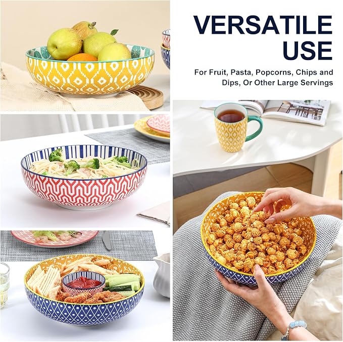 Selamica 9.5" Serving Bowls, 60 OZ Large Salad Bowls Set of 3 for Entertaining Party, Ceramic Bowls for Kitchen, Pasta, Soup, Dinner, Assorted Colors