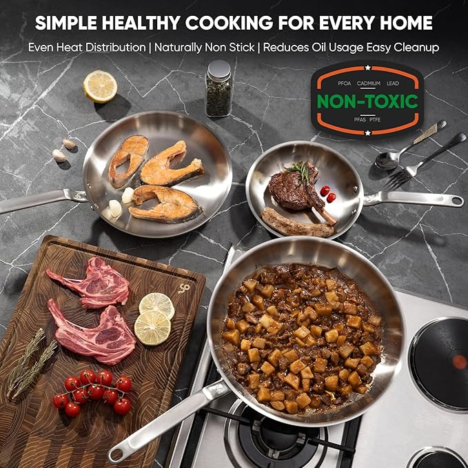 10 Inch Stainless Steel Frying Pan - 5 Ply Stainless Clad Skillet with Aluminum Core, Durable and Even Heating, Professional Cookware for Induction, All Stoves, Oven and Dishwasher Safe