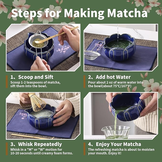 Matcha Whisk Set, Ceramic Matcha Set 8 Pcs, Matcha Kit Set Includes Matcha Bowl, Matcha Whisk and Holder, Bamboo Scoop and Rest, Sifter and Tea Towel, Ideal Gift for Family/Friend (Navy Blue)