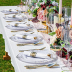 Nervure 175PCS Gold Plastic Plates - Disposable White Gold Party Plates & Pre Rolled Napkins with Cutlery for 25 Guests, 50Plates, 75Silverware, 25Cups, 25Napkin for Wedding & Party