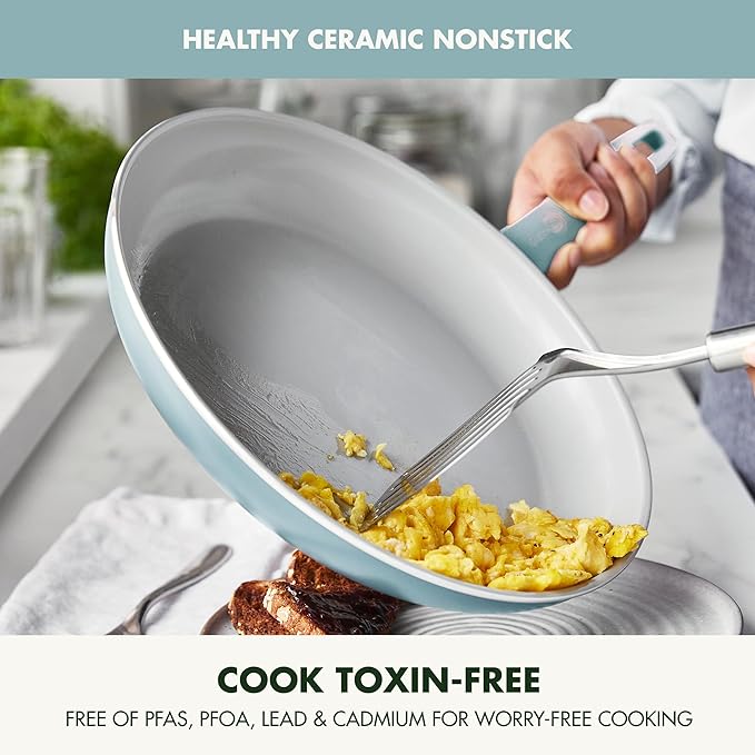 GreenPan Dover 10” Frying Pan Skillet, Non-Toxic PFAS-Free Ceramic Nonstick Coating, Sear Saute Fry Egg Omlete, Dishwasher & Oven Safe, Stay Cool Handle, Easy Pour Rims, Blue Haze