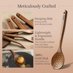 Kikcoin Wood Kitchen Utensils Set, 7 PCS Solid Teak Wooden Spoons for Cooking with Long Handle Heat-Resistant Wooden Cooking Utensils Set for Non-stick Cookware Including Hanging Hole