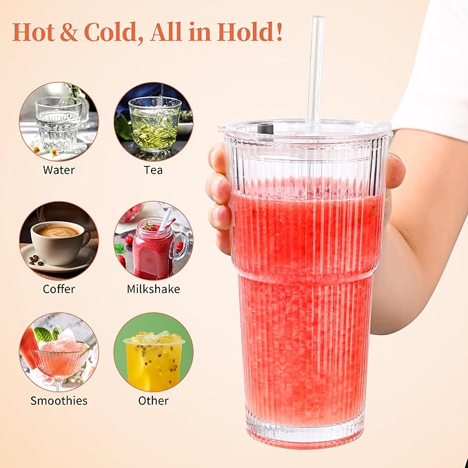 Amyoole 20 oz Ribbed Glass Tumblers With Lids and Straws,Clear Drinking Glasses Set of 4,Reusable Vintage Iced Coffee Cups,Leak Proof Thick Glass Cups for Juice,Cocktail,Smoothie,Beer,Boba