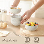MALACASA Small Bowls, 14 Ounce Ice Cream Bowl, Stoneware Dessert Bowls Set of 4 with Embossment for Snack, Chip, Fruits, Side Dishes - 4.5 Inch, Arctic White Series LYDIA