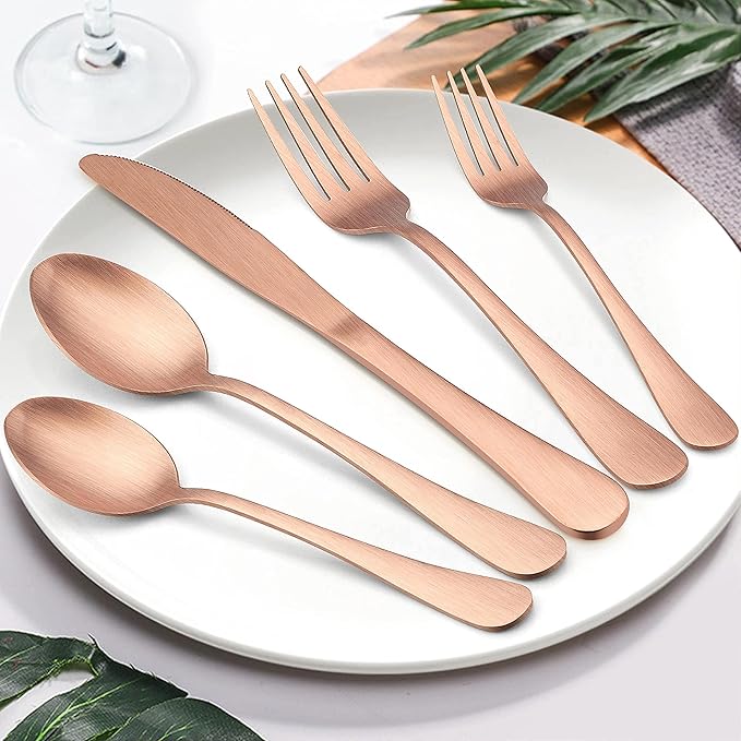 LIANYU 40 Piece Matte Copper Silverware Set, Stainless Steel Rose Gold Flatware Cutlery Set for 8, Fancy Kitchen Utensil Tableware for Home Restaurant Party, Satin Finish, Dishwasher Safe