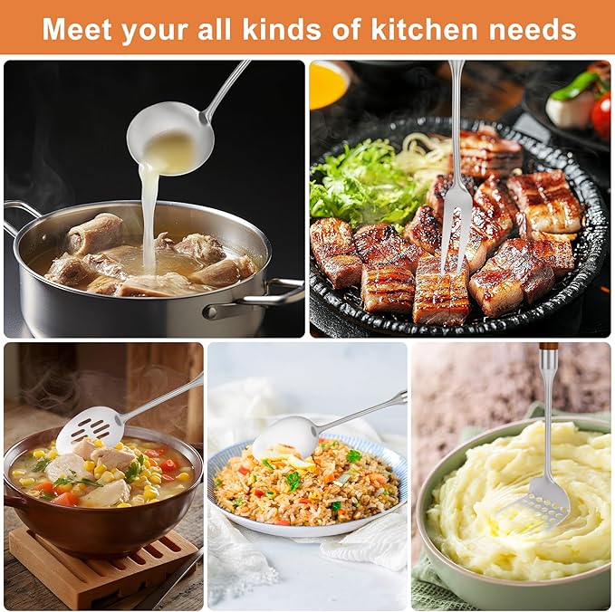 304 Stainless Steel Cooking Utensils Set with Wood Handle,10 Piece Metal Kitchen Utensils Dishwasher Safe Heat Resistant Serving Utensil Wok Tools (13-14in)