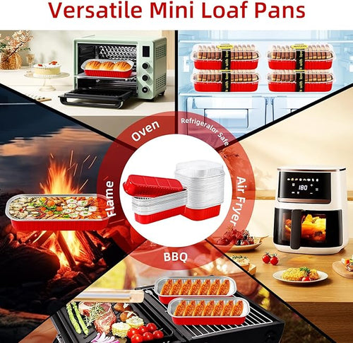 100 Pack Red Mini Aluminum Foil Loaf Pans with Lids 50Pcs 6.8oz and50Pcs 10oz, Spoons & Sealing Stickers Included Ideal for Baking, Storage & Gifting Dessert (100PCS RED)