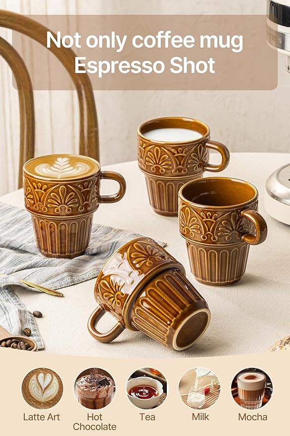 Ceramic Coffee Cups, Coffee Mugs Set of 4, 12 OZ Ceramic Mugs, Stackable Mug, Brown, Microwave & Dishwasher Safe for Hot Drinks Cocoa Latte, Perfect for Daily Use Gathering & All Holiday Gifts
