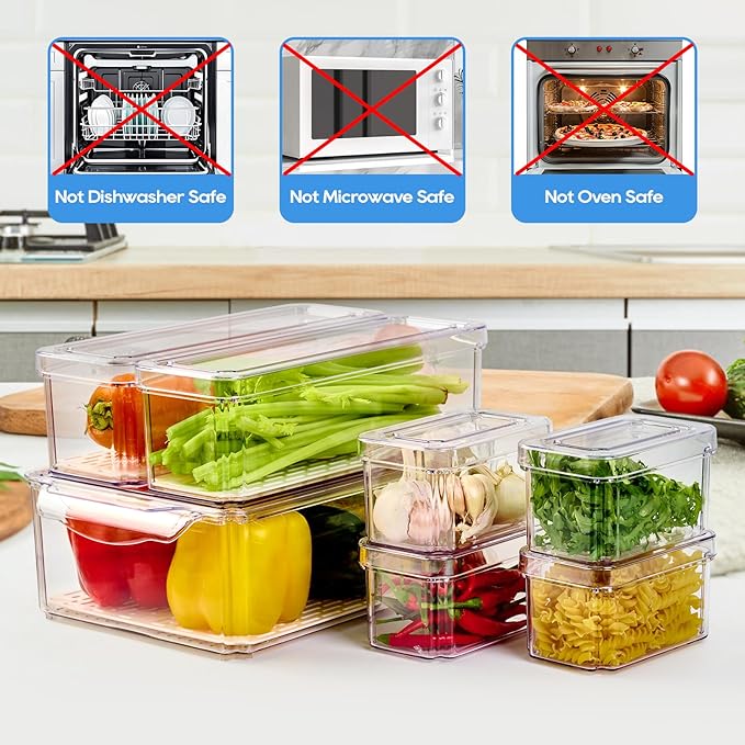 JollyPack 14 Pack Fridge Organizers, Refrigerator Organizer Bins with Lids, BPA Free Stackable Fruit Storage Containers for Fridge, Vegetables, Food and Drinks