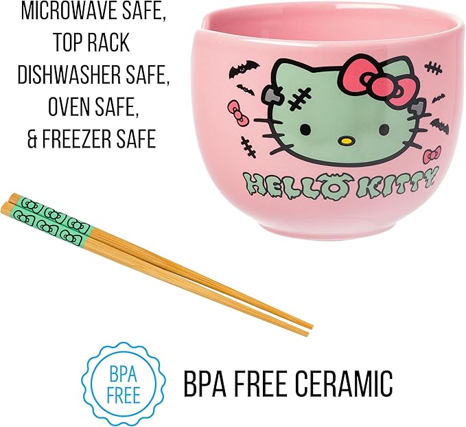 Silver Buffalo Sanrio Hello Kitty Halloween Spooky Frankenstein Ceramic Ramen Bowl with Chopsticks, Microwave Safe, 20 Ounces