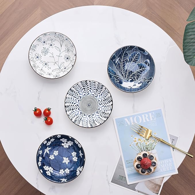 Ceramic Cat Bowls Set of 4, Vintage Blue and White Pet Dog Bowl for Food & Water, 5.5 in Small Kitten Wide Shallow Dishes for Indoor Cats