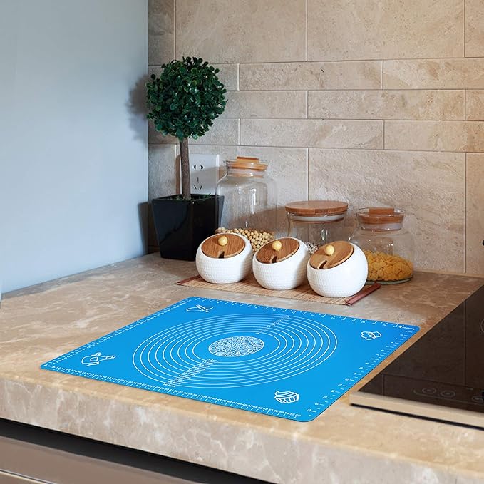 Silicone Baking Mat for Rolling Pastry Dough with Measurements, 25.6" x 17.7" BPA Free Non stick and Non Slip Blue Table Sheet Baking Supplies for Bake Pizza Cake