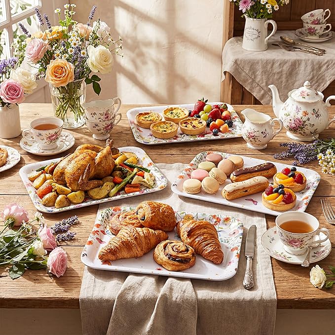4 Pieces Wildflower Serving Trays Flower Melamine Platters Reusable Rectangle Party Trays for Spring Summer Floral Theme Party Food Dessert Serving Supplies, 13 x 9.7 inch