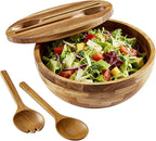 Acacia Wooden Salad Bowl with Lid, Built-in Acacia Wood Utensils, 10.5" Large Wood Serving Bowls for Fruits, Salad, and Vegetables, Big Wood Salad Bowls Set 4-Piece, All-in-One Design