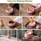 Matcha Whisk Set, 10 Pcs Matcha Set Includes Matcha Bowl, 2 Cups, Matcha Whisk and Holder, Bamboo Scoop and Spoon, Scoop Rest, Sifter and Tea Towel, Complete Matcha Kit (Pink)