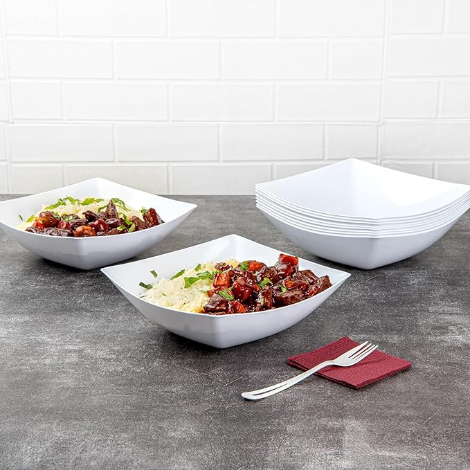 Restaurantware Moderna 64 Ounce Fancy Plastic Bowls 10 Square Disposable Salad Bowls - Durable Heavy-duty White Plastic Bowls For Warm And Cold Foods
