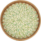 Round Rattan Tray with Mother of Pearl Inlay, Rattan Serving Tray for Coffee, Bread, Fruits, Decorative Wicker Tray for Table Decor, Home Decor, Kitchen Island Decor (Green Leaf, 11.8")