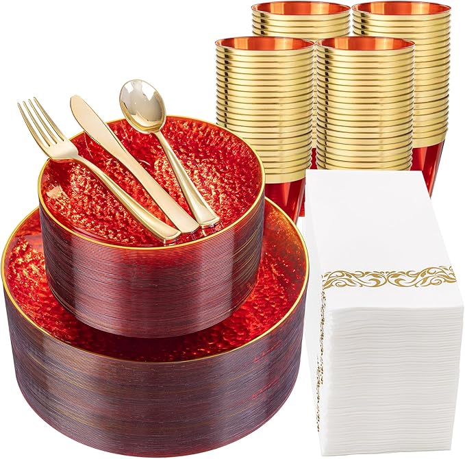 DaYammi 350PCS Clear Red Gold Plastic Dinnerware Set for 50 Guests, Hammered Disposable Plates for Party, Include: 50 Dinner Plates, 50 Dessert Plates, 150 Gold Silverware, 50 Napkins, 50 Cups