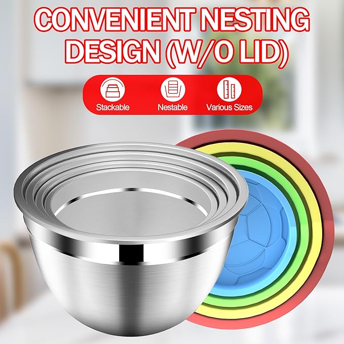 Mixing Bowls with Strainer, Mixing Bowl with Lids Set, Stainless Steel Mixing Bowls, Kitchen Gadgets Salad Bowls with Strainer for Mixing & Preping & Serving, Multicolor